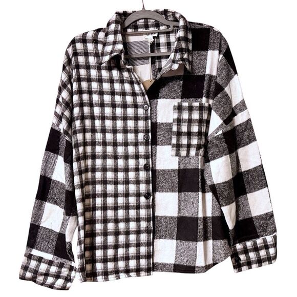 BiBi Black & White Plaid Fleece Button Down Long Sleeve Shirt Size XL NWT - Picture 6 of 13